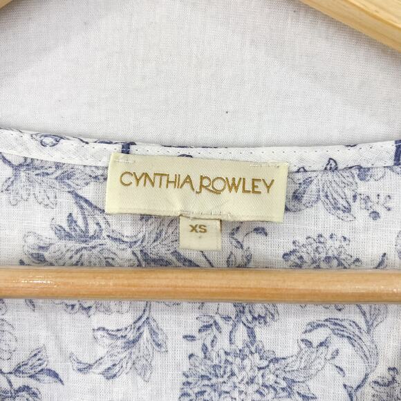 Cynthia Rowley Women's Blue Floral Linen Blend Crop Blouse XS Puff Sleeve Boho - Picture 4 of 7